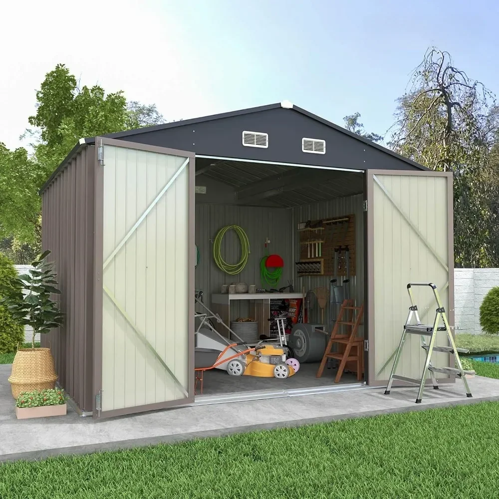 

10x8 FT Outdoor Storage Shed, Large Garden Tool Metal Shed with Sloping Roof and Double Lockable Door Cabanons De Jardin