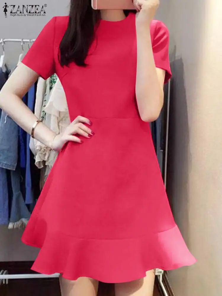 

Fashion Ruffles Hem Club Mini Dress 2023 ZANZEA Summer Women Elegant Short Sleeve Party Sundress Casual Slim Fit OL Vestido