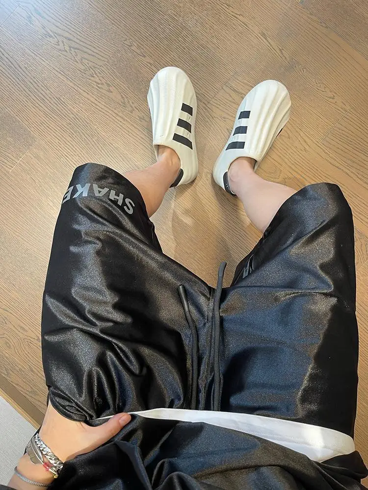 Men Shiny Silver Casual Shorts with Pockets Oversize Elastic Waist American Trendy Sports Pants Glossy Party High Street Bottoms