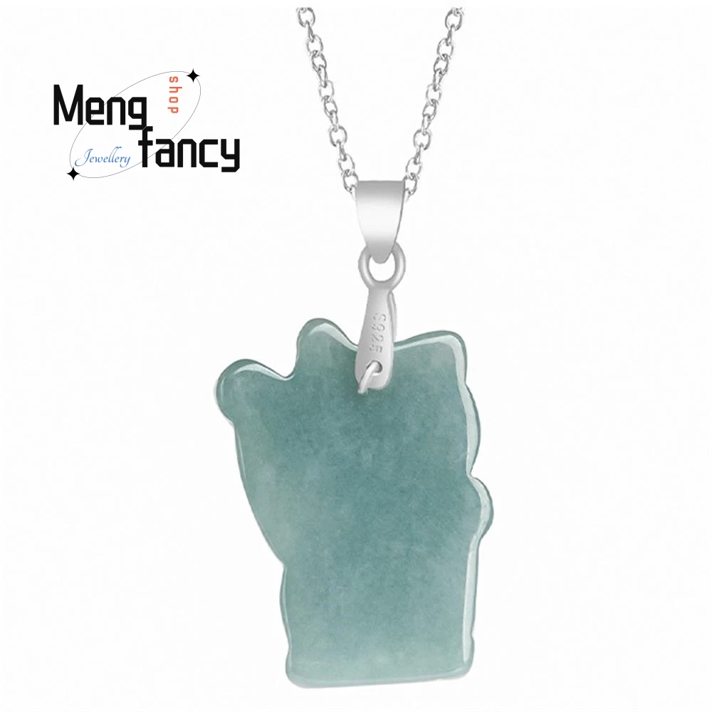 Natural A-goods Jadeite Blue Water Fortune Cat Jade Pendant S925 Silver Inlay Exquisite Cute Mascot Fashion Jewelry