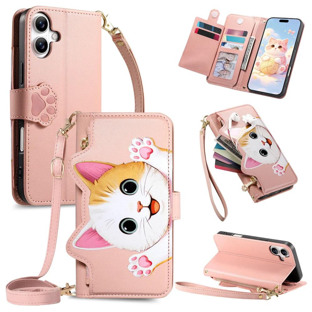 Cat Zipper Leather Wallet Phone Case with Wrist Strap and Card Holder
