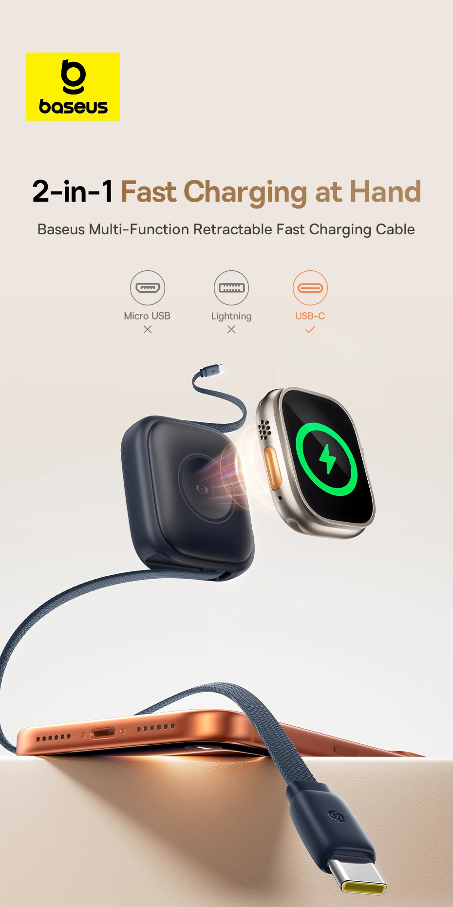 Baseus 100W Retractable USB-C Cable with Apple Watch Charger