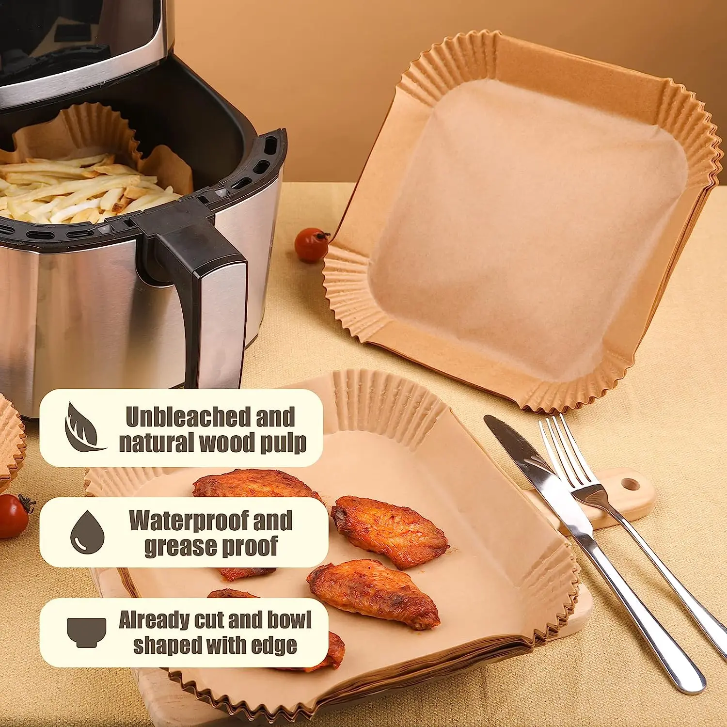 Air Fryer Liners Disposable, 125Pcs Square Air Fryer Parchment Paper Liners,  8 inch Non-stick Unbleached Water & Oil Proof Air Fryer Disposable Paper  liners for Microwave Oven baking & cooking 