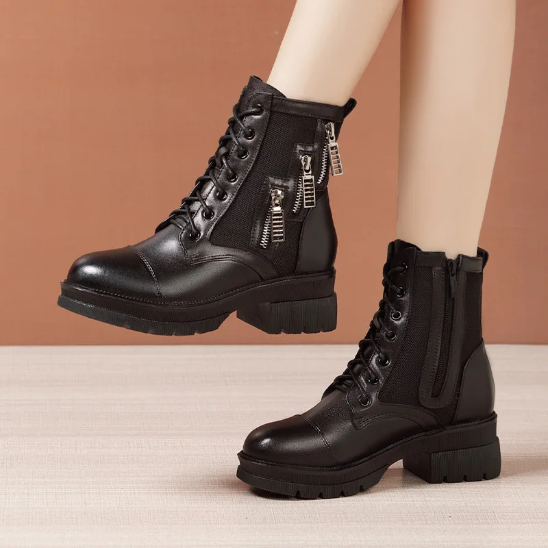 High quality mid calf leather boots for women 5cm mid heel platform round tone 2023 autumn winter elegant 35 39 40 shoe - black