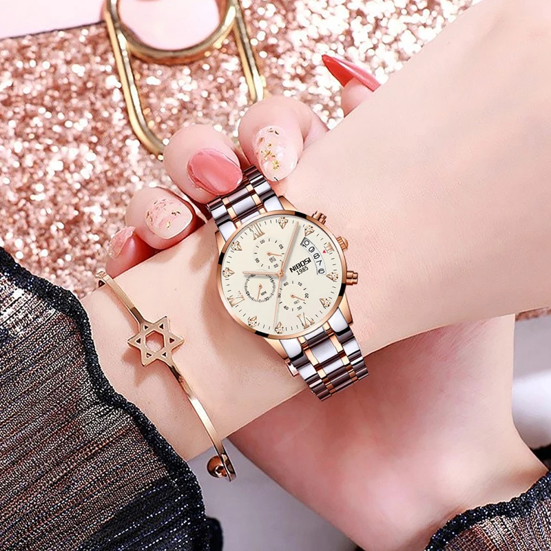 NIBOSI Fashion Chronograph Quartz Watch for Women Stainless Steel Waterproof Womens Watches Top Brand Luxury Diamond Wristwatch