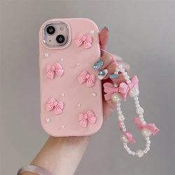 Chic 3D Pink Bowknot Pearl Cartoon Case with Plating Bow and Pearl Chain - iPhone 15 Pro Max (Pink)