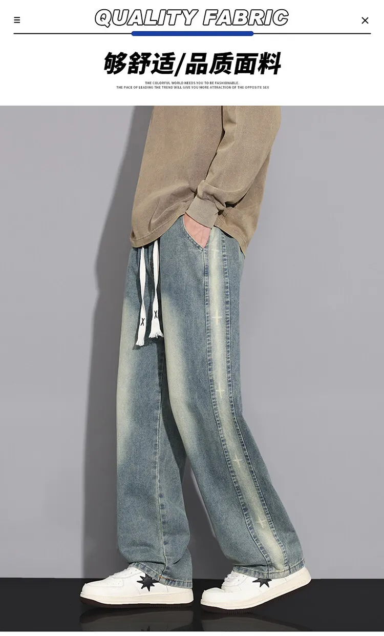 Hochwertige Streetwear Herren Baumwoll-Jeans Lässige Elastische Taille Gerade Retro-Denim-Hose Jugendliche Kordelzug Lange Hose – Detail 4