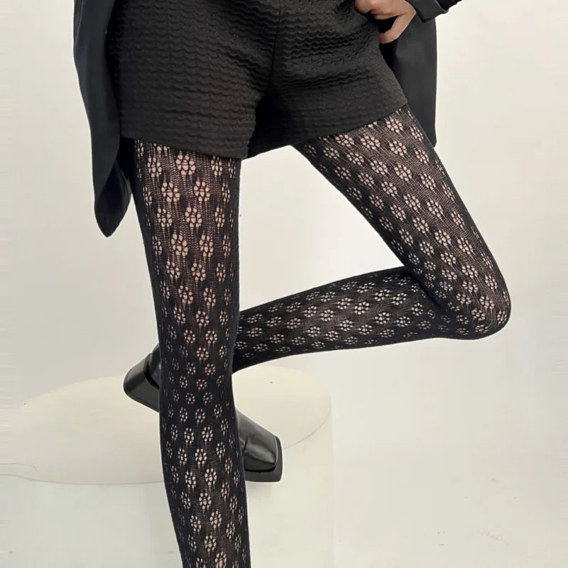 Lolita Knit Tights Black Maid Cosplay Hollow Out Pantyhose Girl Tuiwa Stocking Geometric Pattern Socks