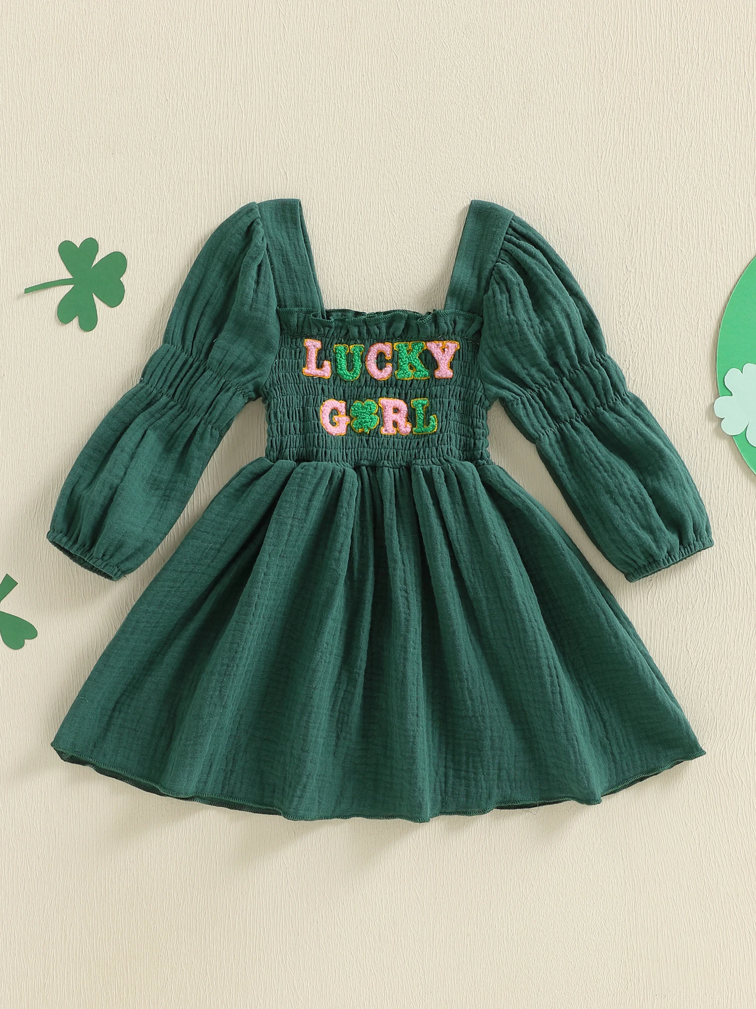 Infant Girl s Spring Dress with A-Line Design and Embroidered Four Leaf Clover Detail Smocked Long Sleeve Dress for Toddlers