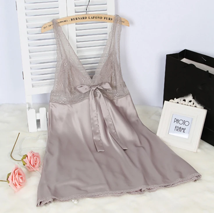 

Women Silk Satin Night Dress Lace Night Gown Summer Home Dress V-neck Nuisette Femme Sexy Nightwear Sleeveless Nighty for Ladies