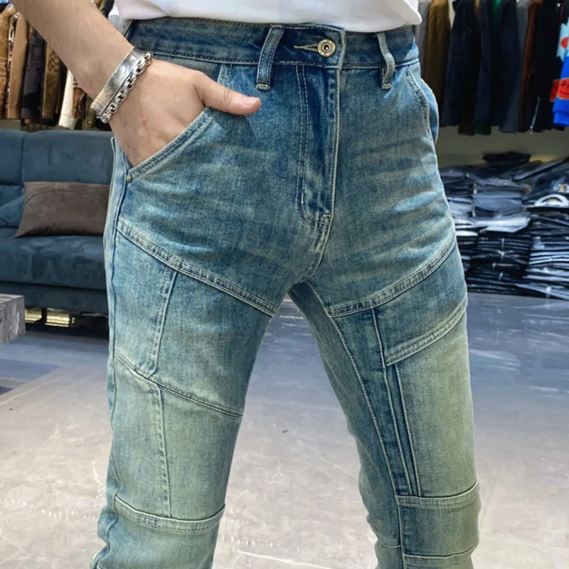 

High Street Vintage Blue Jeans For Men Fashion Vaqueros Hombre Simple Slim Fit Elastic Pants Bootcut Jeans Motorcycle Jeans Pant