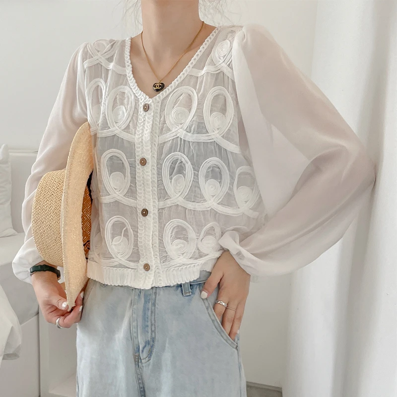 Fairy Girls Sheer Blouse V-neck Cotton Linen Patched with Chiffon Sleeves Single Breast Korean Fashion Lady Blouse women breathable suit elegant lace up waist women s top pants set with hollow o neck short sleeves breathable lady t shirt