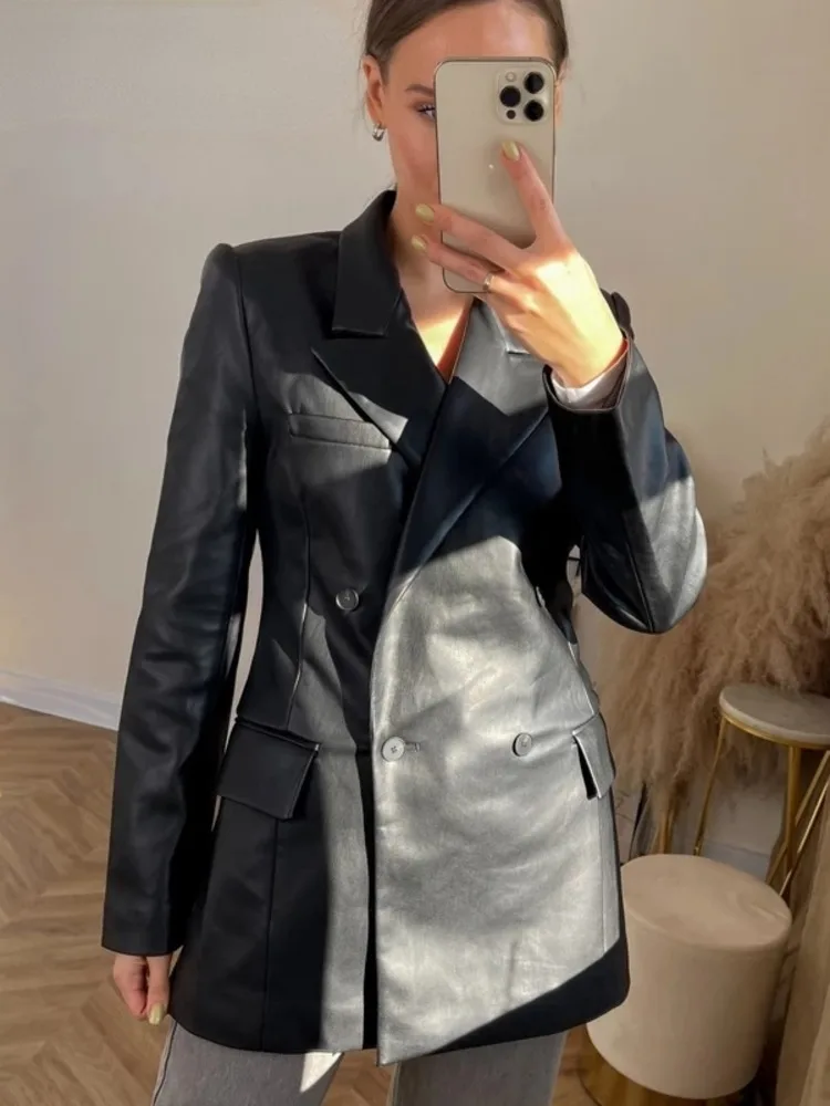 

Autumn New Leather Blazer Jacket 2022 Women Spring PU Single Button Coat Fit Waist Motorcycle Fashion Jackets Street Outwear