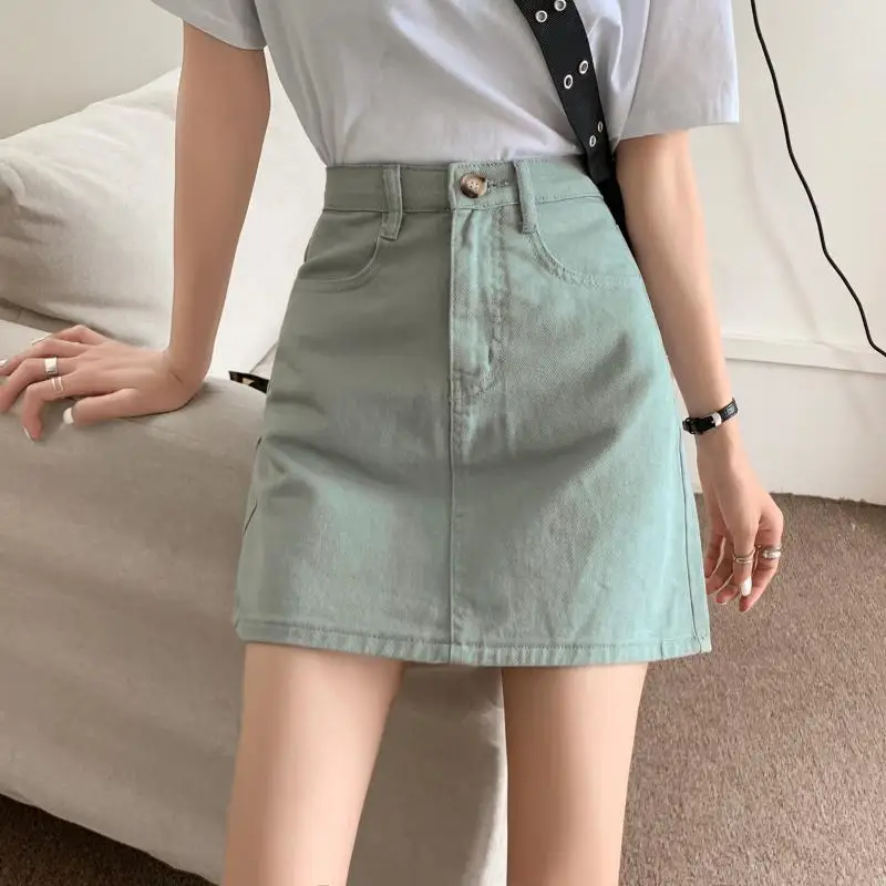 Ailegogo New Summer Women High Waist A-line Light Green Short Denim Skirt Casual Female Solid Color Basic Short Jeans Skirts mini skirts for women