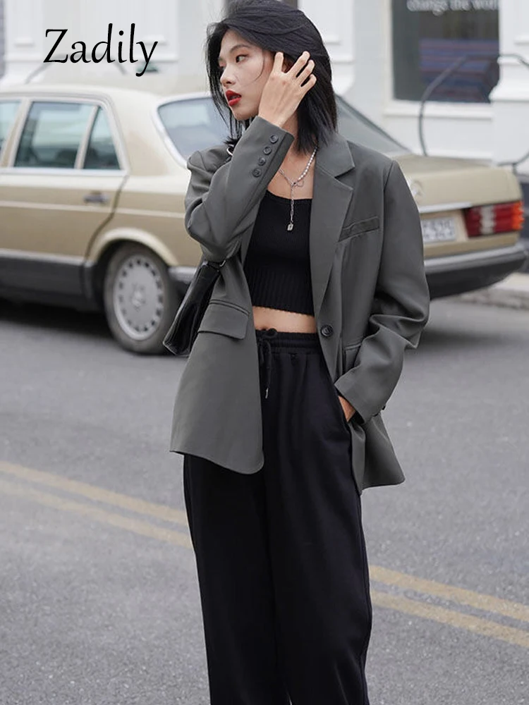 Zadily 2022 Autum Oversize Long Sleeve Gray Women Blazer