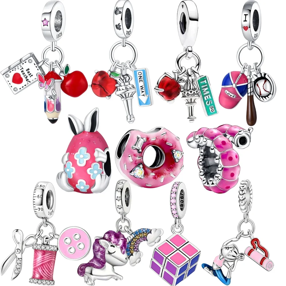 

Brilliant Pink 925 Sterling Silver Pencil Apple Book Triple Charm &Rabbit Egg&Rubik's Cube Fit Pandora Bracelet Teacher Jewelry