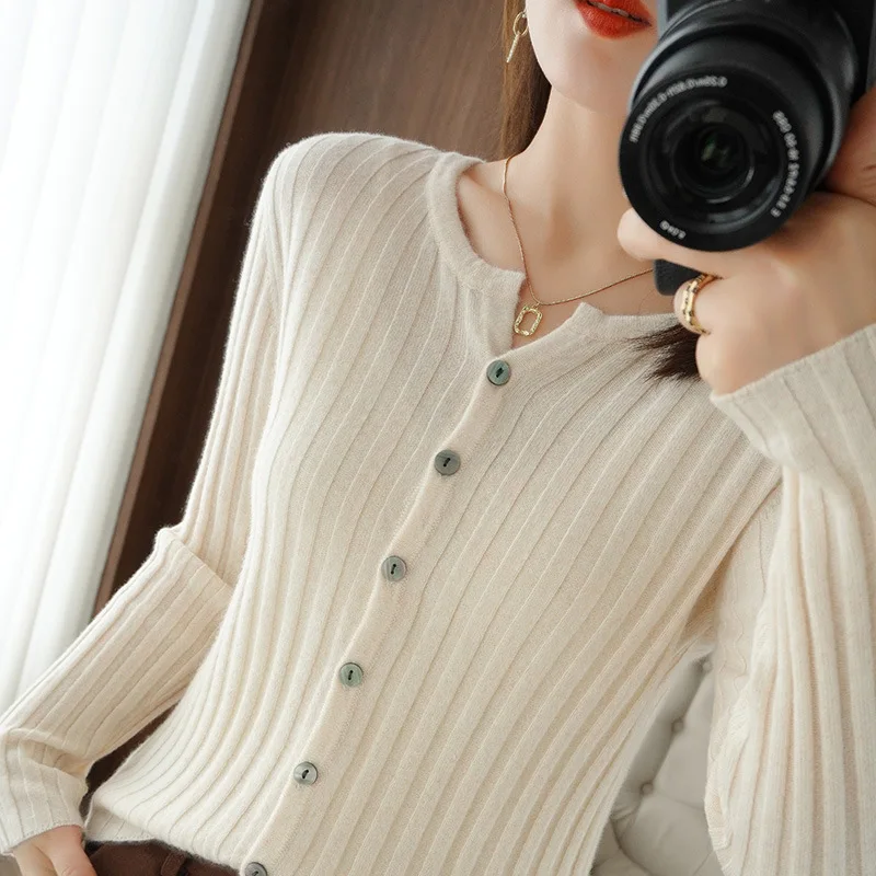 Women's Pit Stripe Design Stretch Cardigan Vintage Simple Single Breasted Slim Sweaters Round Collar Solid Long Sleeve Knitwear
