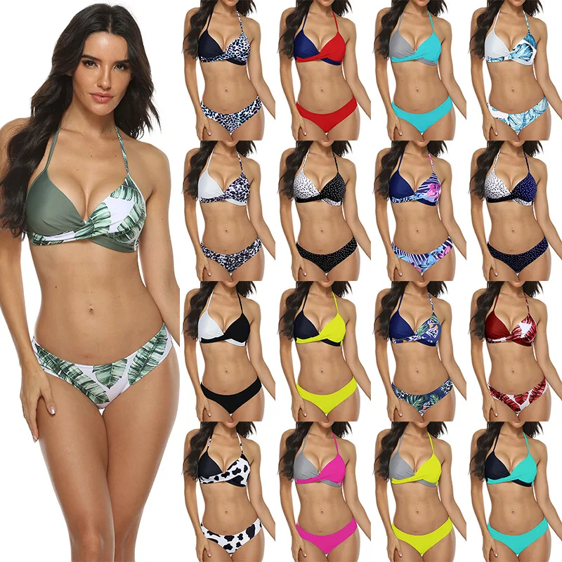 

2024 Swimsuit Sexy Hard Bag Split Swimsuit Color Block Copyright Green Leaf Bikini 18 Colors