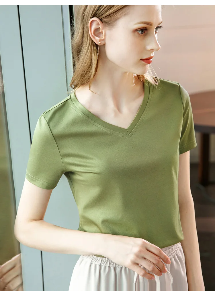 Ice Sensitive Silk Cotton V-neck Short Sleeved T-shirt for Women's Solid Round Neck Basic Commuting Elastic Oversized Top