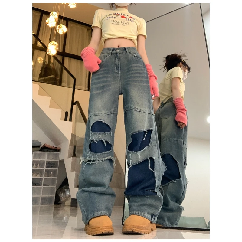 

Wome Vintage Blue Jeans Worn-out High Waisted Y2K Bottoms American Wide Leg Pants Fashion Straight 2023 Summer Female Trouser