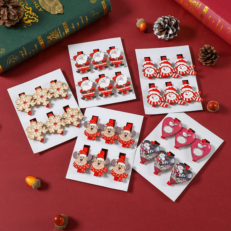 (6 Pcs/pack)4.5CM Christmas Decoration Wooden Clip Hair Clip Santa Claus Snowflake Clips New Year Gift Party Wedding Decoration
