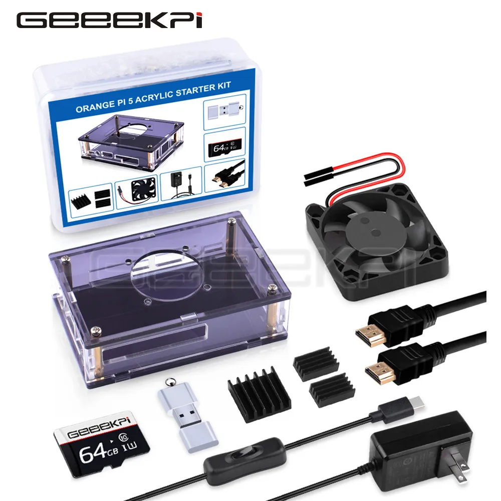 Geekpi-laranja pi Laranja pi 5b Starter Kit Caixa de Acrílico Mais Ventilador Silencioso Mais Dissipadores de Calor Cartão tf Mais Hdmi