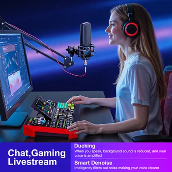 Tenlamp Audio Interface Mixer Sound board,G10 Boom Arm Professional Voice Changer,Podcast Equipment Bundle with 3.5mm Microphone and Live Sound Card For KOL Singing Gaming DJ Mixing Station Controller Equipment Studio Professional Recording Music Mixer 2