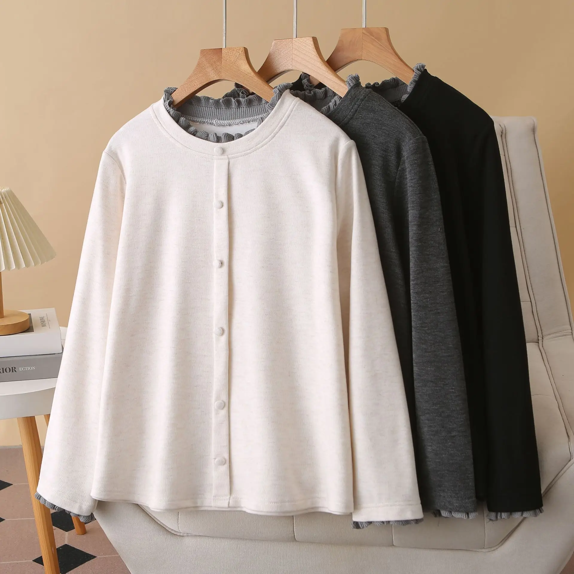 XXXXL Fashion Plus Size Women's T-Shirt Autumn Winter Fake 2 Pieces Casual Warm Wear Ruffled Collar Long Sleeved Base Tops 2550