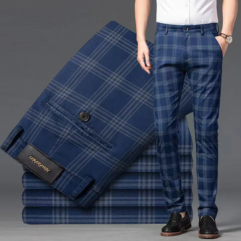 Summer Thin Mens Striped Plaid Pants New Business Casual Pants Slim Fit Straight Stretch Trousers Fashion Male Pants