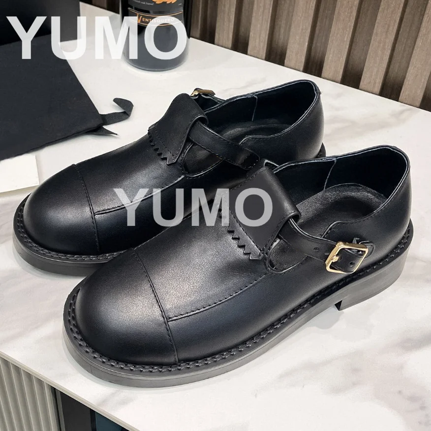 

High Quality Women Round Toe Genuine Leather Loafers Size 42 Belt Buckle Slip On Single Shoes Outdoor Girls Runway Leather Shoes