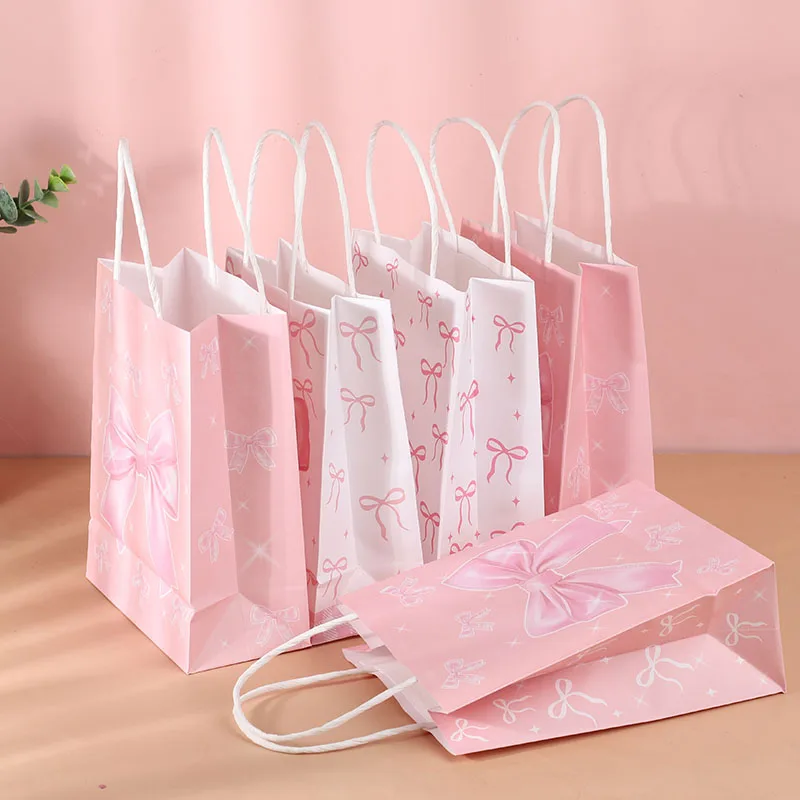 5pcs Pink Bow Paper Gift Bag Girl Birthday Themed Party Candy Gift Bag Bridal Engagement Wedding Kids Baby Shower Party Supplies