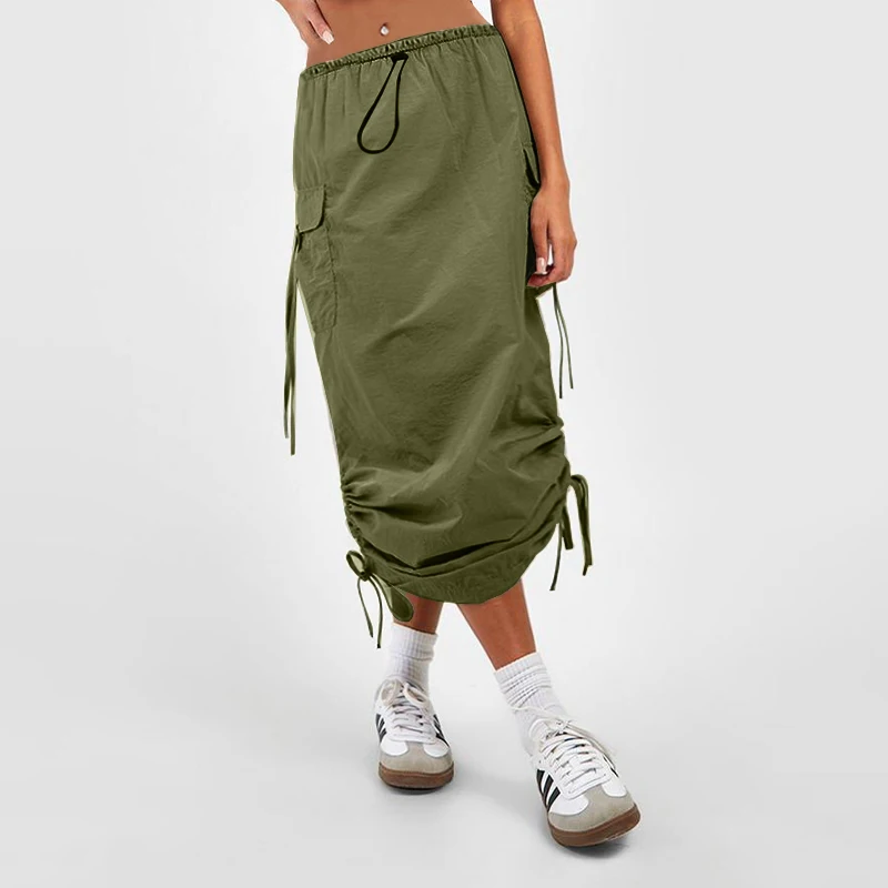 여성 캐주얼 신축성 허리 플랩 포켓 드로스트링 스커트, y2y 하프 스커트, 작업 스커트, 패션
