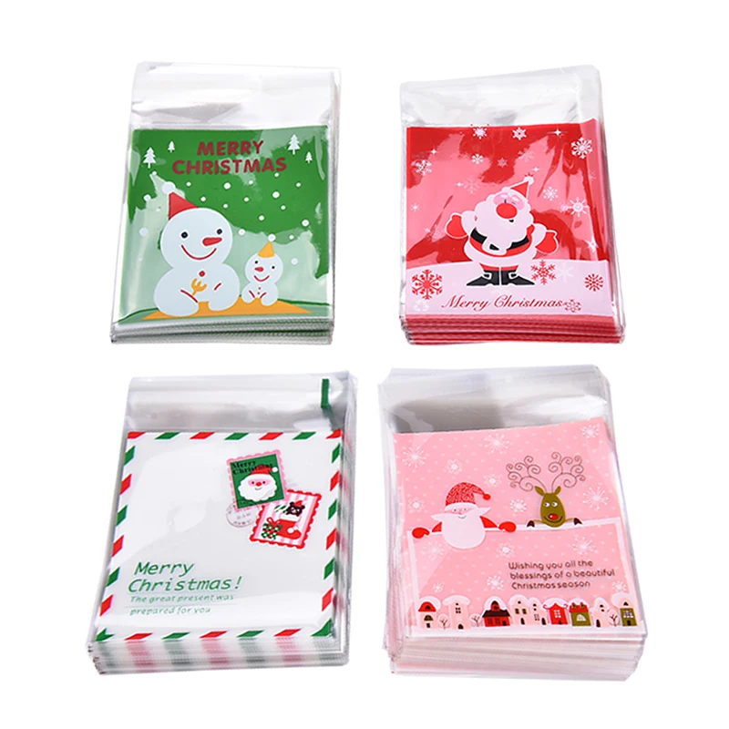 

100pcs/set Christmas snow heart Cookie Candy Bag Self-Adhesive Plastic Bags Biscuits Snack Baking Package Gift Bags