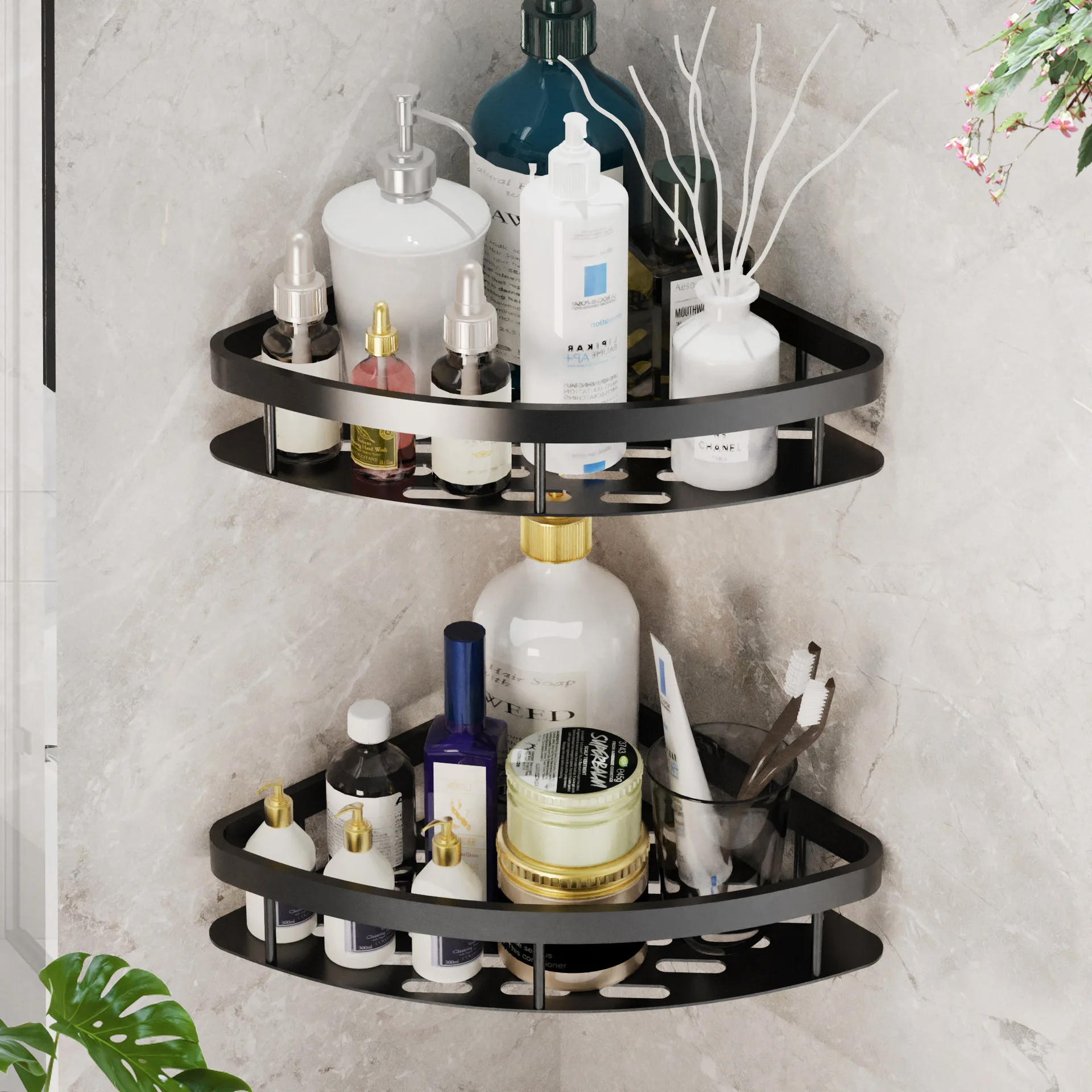 Bathroom Shelf Aluminum Alloy Shampoo Storage Rack Without Drilling Wall Mounted Shower Corner Shelves Bathroom Accessories 2