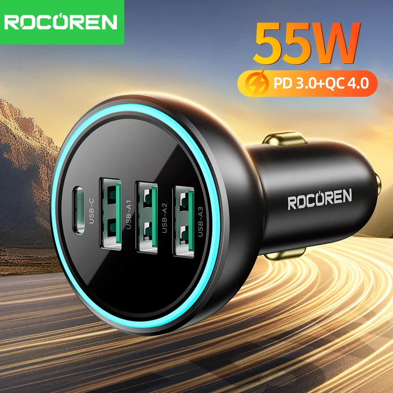 Rocoren-cargador de coche 4 en 1 USB tipo C, 55W, carga rápida, adaptador de cargador de coche PD QC4.0 USB C para iPhone, Xiaomi, Samsung