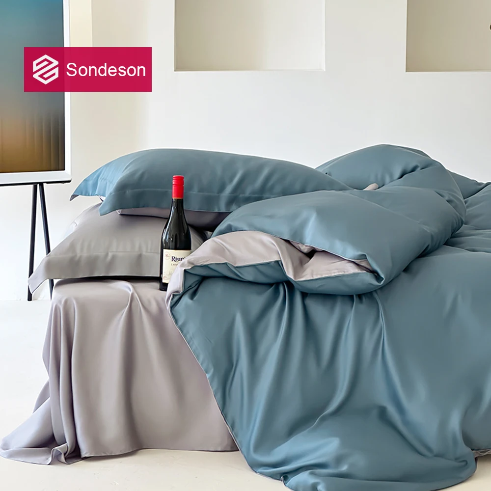 

Sondeson Blue Gray 100% Silk Bedding Set Double Color Beauty Duvet Cover Pillow Case Bed Sheet Set King Queen Decor Home Textile