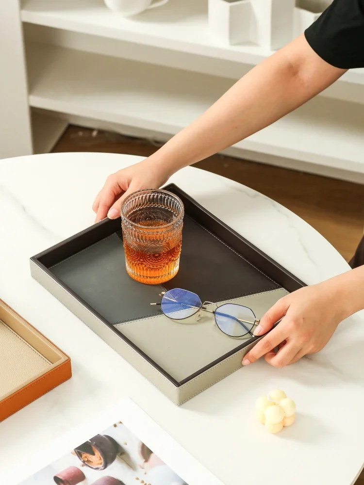 European high-end leather rectangular tray Living room tea table tabletop storage tray Bathroom toiletry table cup storage tray 3