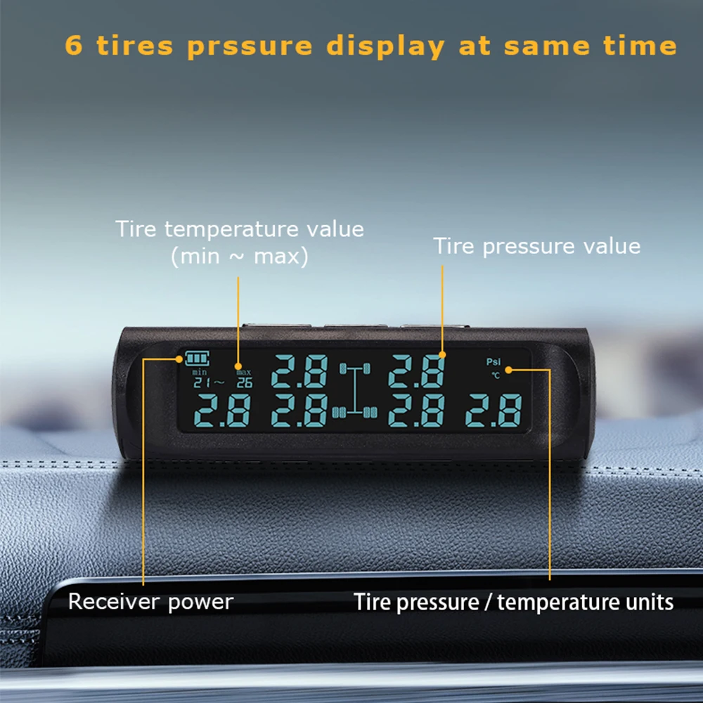 Solar Power 6 Sensors TMPS Truck Tire Pressure Monitoring System Autotruck Tyre Temperature Alarm Tester LCD Display For Bus Car