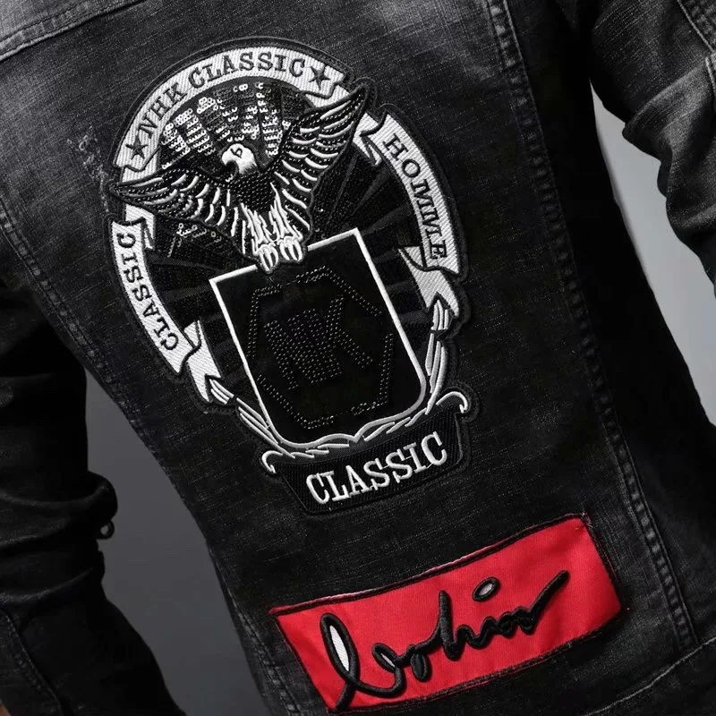 High-End Embroidered Jeans Jaet Men's Trendy Korean Sle Slim Fit Versatile Casual Jaet Trendy Top Youth ular Long Sl...