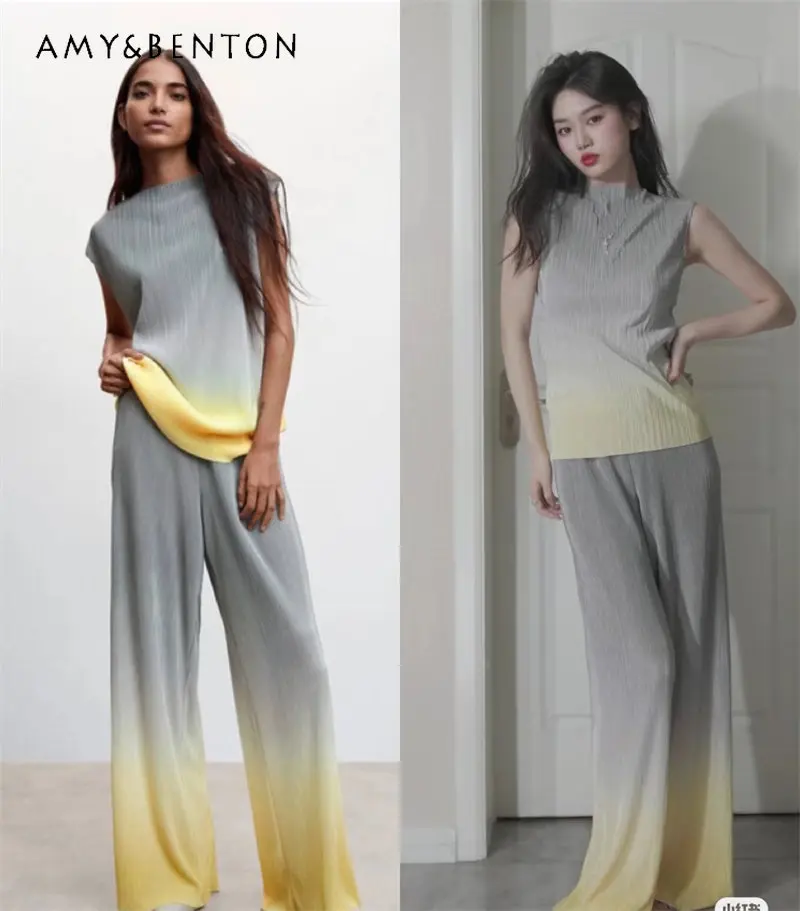 

2023 Spring and Summer New Gradient Color Sleepy Tops Casual Trend Wide Leg Design Pleated Loose Trousers Two Piece Set