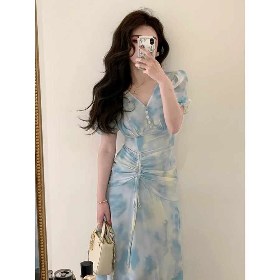 

dyed V-neck ink blue pink dual color dress