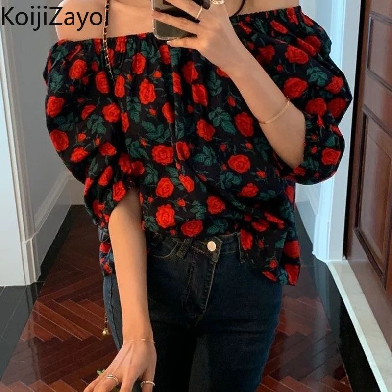 

Koijizayoi Flower Women Blouse Vintage Short Sleeve Off Shoulder Loose Women Tops Female Shirt Korean Chic Lady Blusas De Mujer