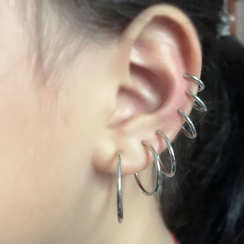 Set Di 3 Orecchini A Cerchio In Argento 925, Diametri 8/10/12mm, Placcato Oro Bianco