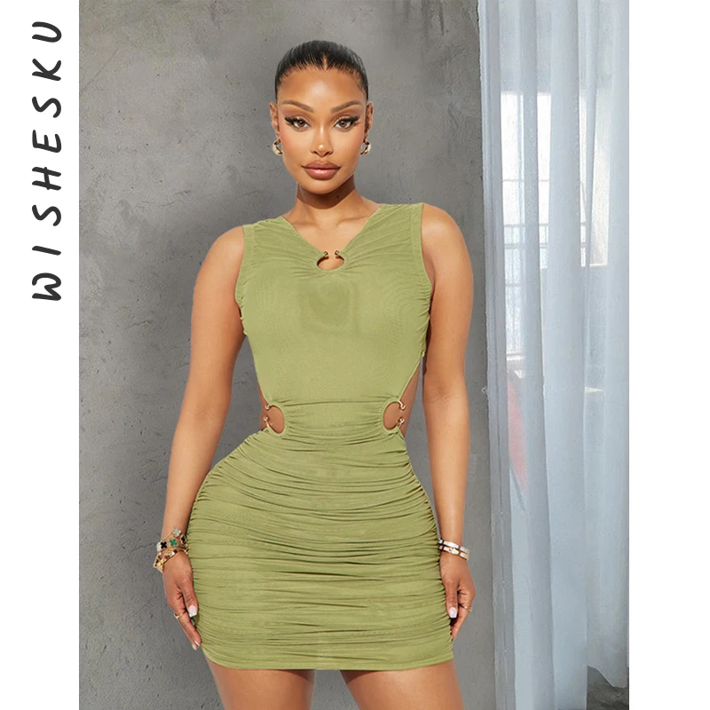 

Sexy Sleeveless Metal Rings Ruched Bodycon Mini Dress Women Cut Out Backless Lace Up Sundress 2024 Summer Beach Y2K Clothes