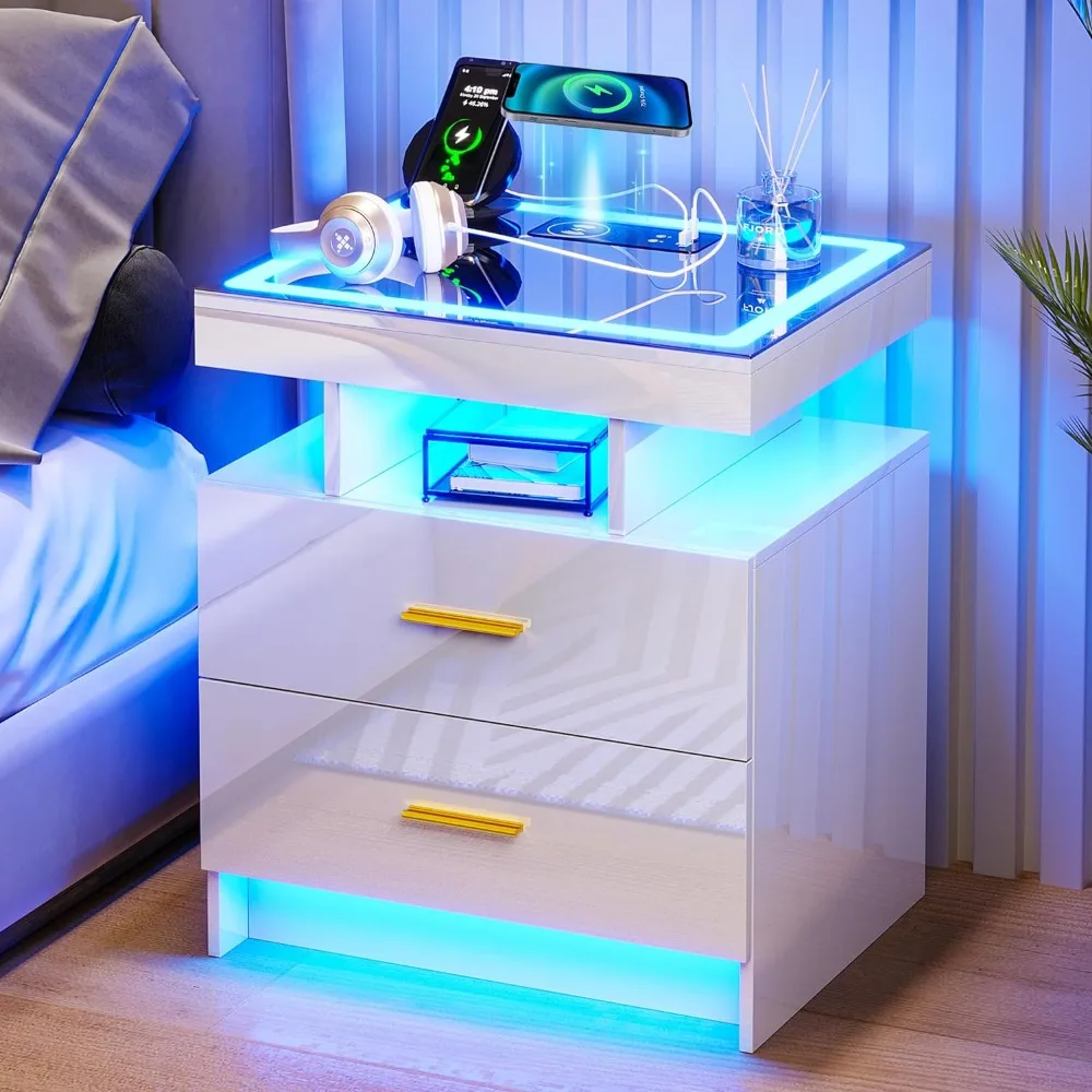 LED Nightstands 2 Storage Drawers Smart Night Stand Auto Sensor Lights Modern Bed Side Table Charging Station