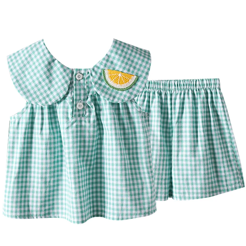 

2Piece Baby Girls Summer Clothes Korean Fashion Plaid Cute Sleeveless Cotton T-shirt+Shorts Boutique Kids Clothing Set BC2343