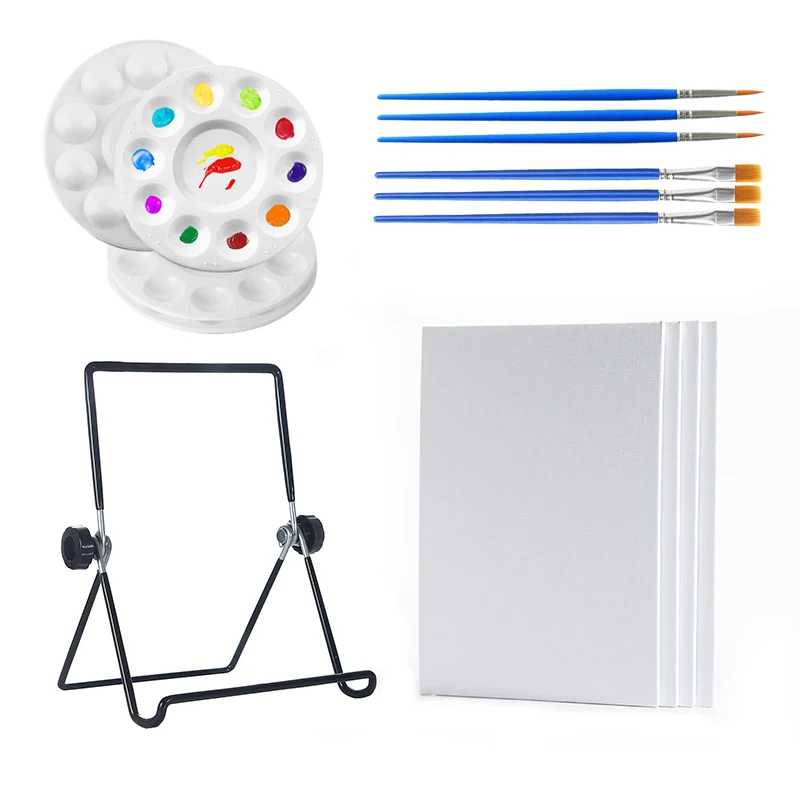 Acrylic Painting Canvas Kit for Kids DIY Painting 15pcs Includes Adjustable Iron Easels, 6 Brushes Set, 4 Palettes, 4 Canvases