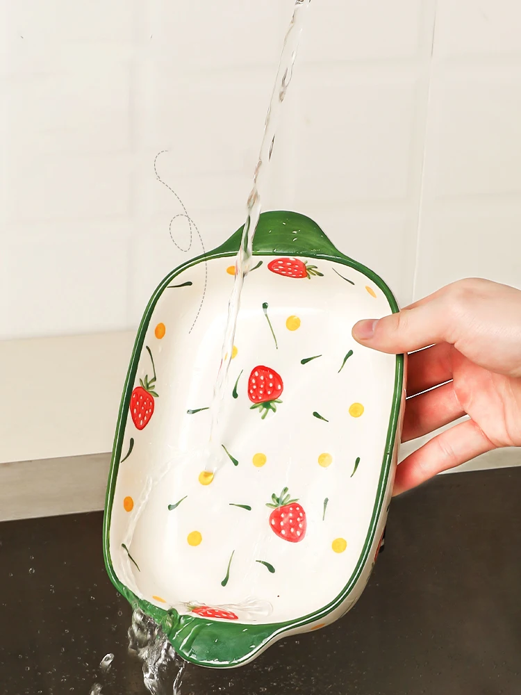 Binaural Ceramic Rectangular Baking Plate Cheese Baked Rice Plate Household Salad Cute Printed Baking Bowl Utensils
