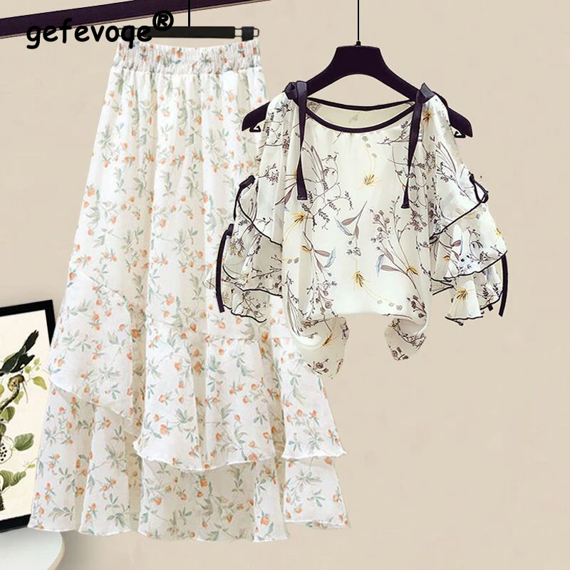 Two Piece Set for Women Summer Ruffle Lace Up Hollow Blouse Fashion Floral Print Sweet Chic Elegant High Waist Midi Skirt Outfit