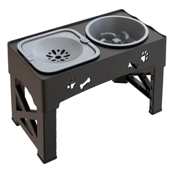Adjustable 3-in-1 Foldable Pet Feeder with Double Slow Feed Bowls (Black grey)